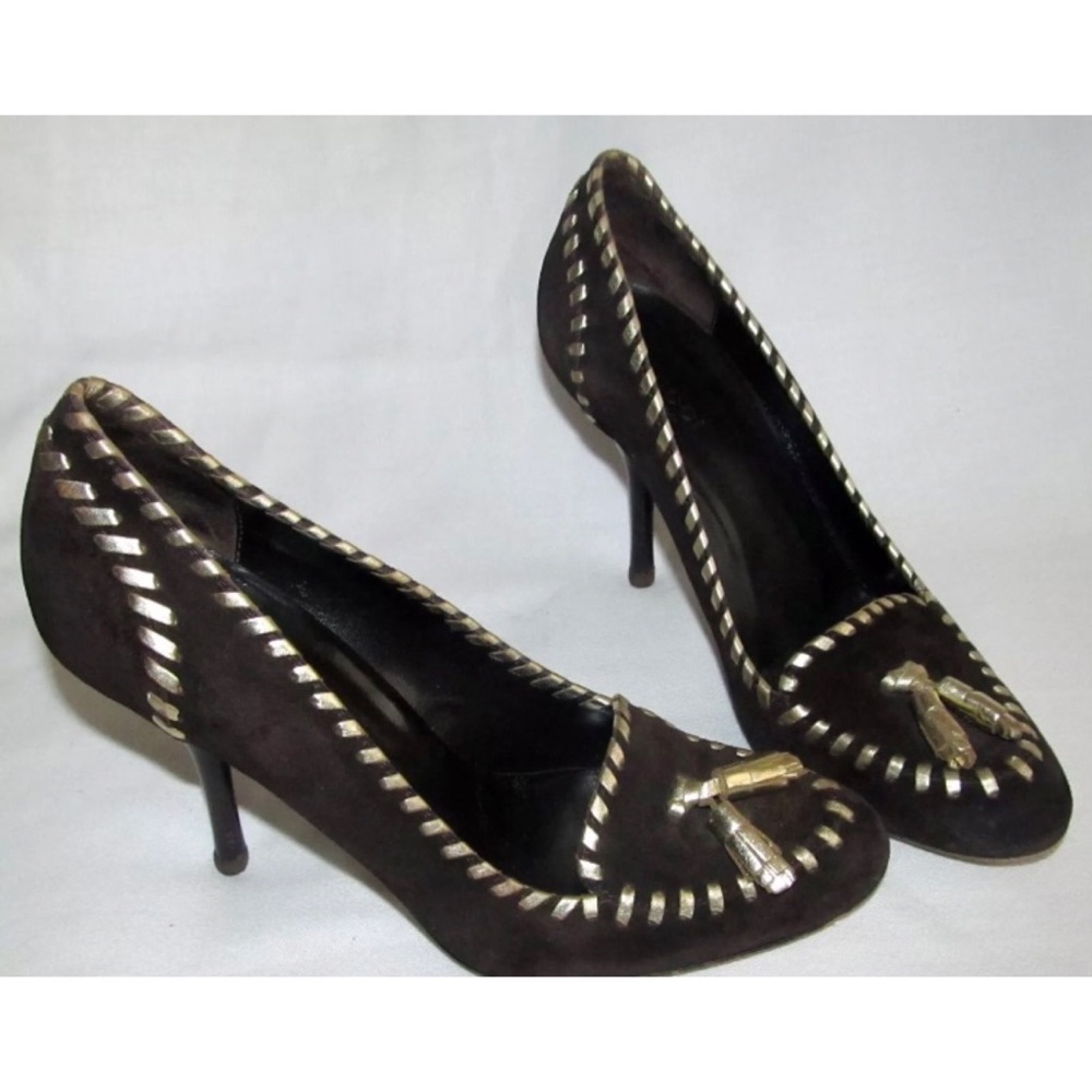 GUCCI Brown Suede Tassel Loafer Gold Stitch Heel Pumps Shoes Womens Size 6B 6 B - Picture 2 of 15